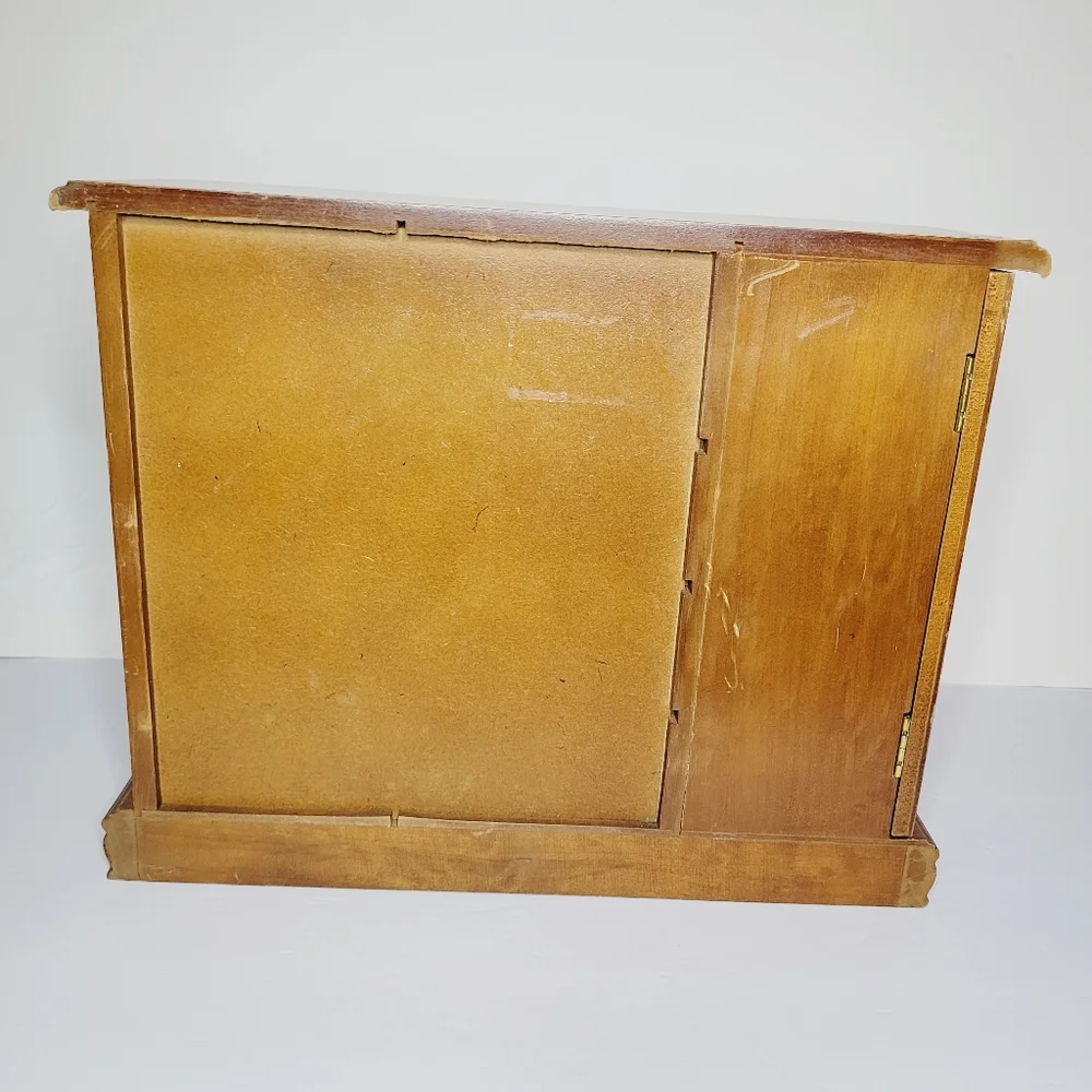 Vintage Wooden Jewelry Box Armoire Cabinet Etched Glass Doors Multiple Draws DIY